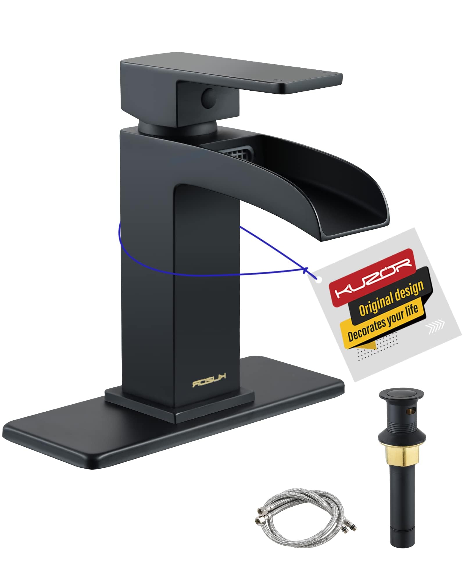 KUZOR Matte Black Waterfall Bathroom Faucet - Single Hole